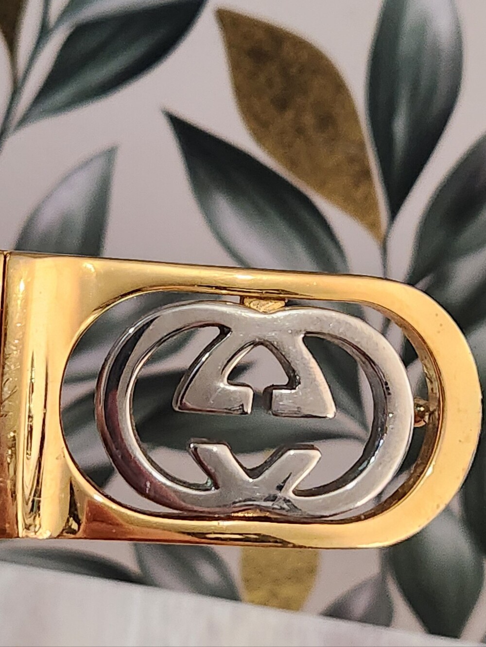 Vintage Gucci Interlocking G Buckle Strap Belt Brown Gold Silver Two Tone
